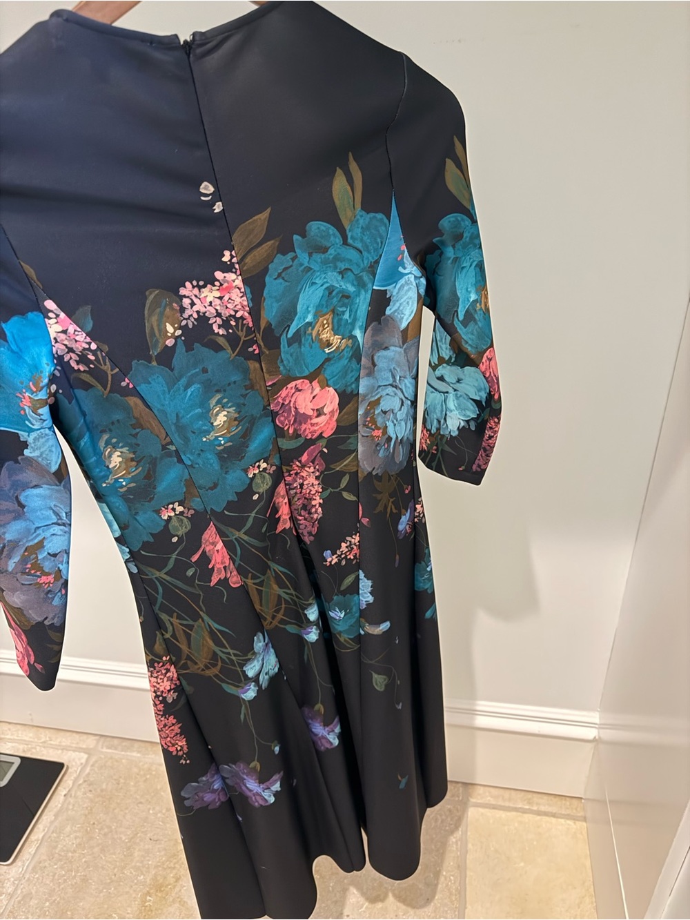 Teri Jon Black Midi Dress with Teal & Pink Floral Print